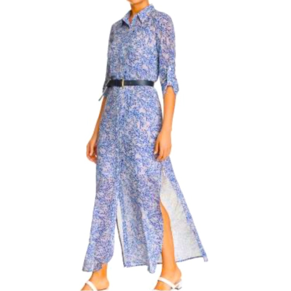 Michael Kors Blue Coral Mosaic Georgette  Maxi shirt dress, size L
